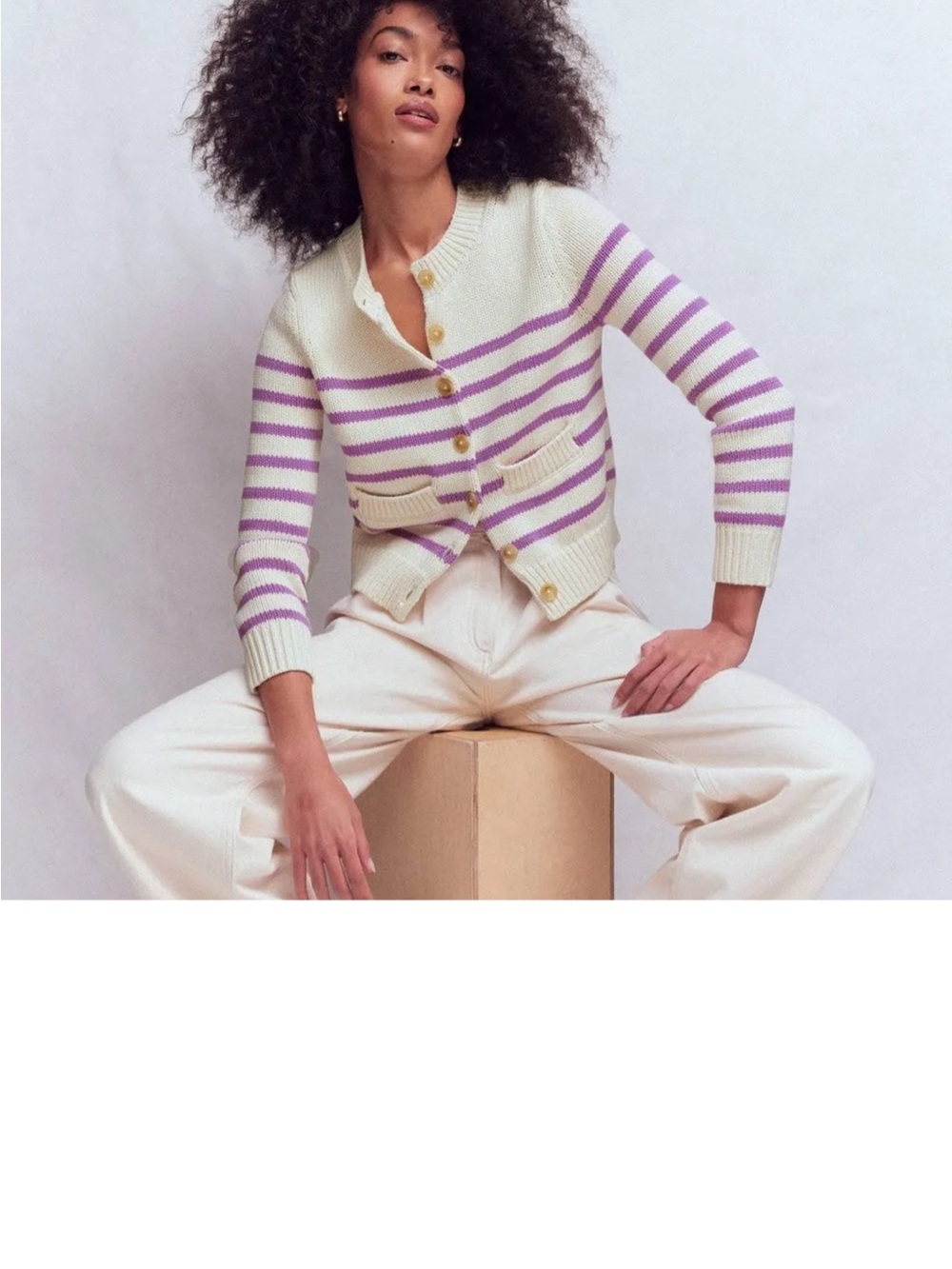 Boden Lucy Cream & Lilac Striped Knit Cardigan Sweater small